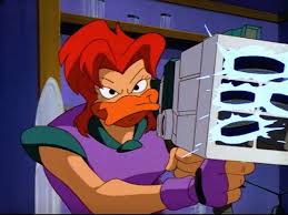Red-haired cartoon duck villain in a purple shirt and gloves aiming a large gray futuristic blaster.
