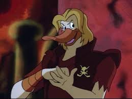 Cartoon pirate duck with blond hair in a burgundy vest and skull emblem, clasping his gloved hands in a fiery scene.