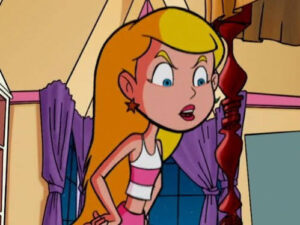 Cartoon girl with blonde hair wearing a white and pink outfit looks startled inside a room with purple curtains.