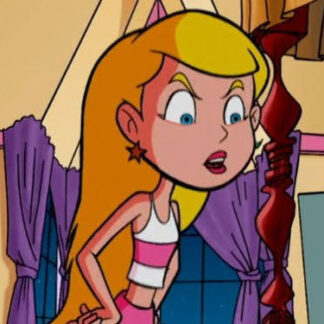 Cartoon girl with blonde hair wearing a white and pink outfit looks startled inside a room with purple curtains.
