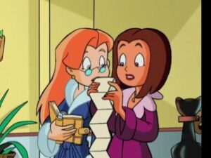 Two animated girls indoors study a tall folded sheet together; one holds a book while the other points at the paper.