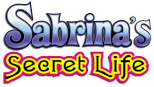 Logo for 'Sabrina's Secret Life' with blue-gradient 'Sabrina's' above and yellow-outlined, pink-shadow 'Secret Life' text
