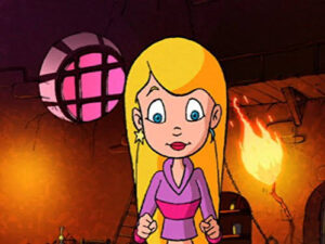 Cartoon girl with blonde hair in a purple top stands in a dark, fiery dungeon with torches and a glowing pink globe behind her.