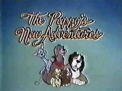 Animated title screen reading 'The Puppy's New Adventures' with cartoon puppies at the bottom center on a blue-to-green gradient background.