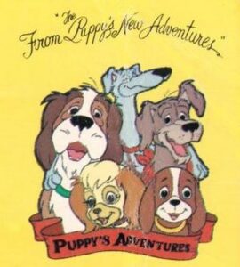 Colorful cartoon showing five puppies smiling on a yellow background with a red banner reading 'Puppy's Adventures' and the caption 'From Puppy’s New Adventures'