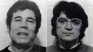 Two black-and-white portraits side by side: a woman without glasses on the left and a woman with large glasses on the right.