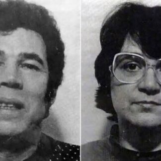 Two black-and-white portraits side by side: a woman without glasses on the left and a woman with large glasses on the right.