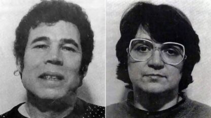 Two black-and-white portraits side by side: a woman without glasses on the left and a woman with large glasses on the right.