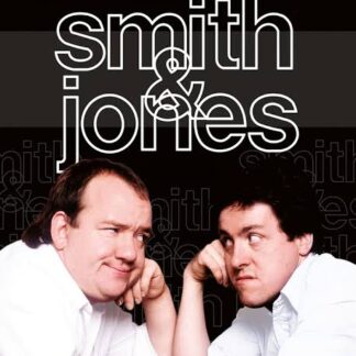 Poster for Alas Smith & Jones featuring two men in white shirts leaning toward each other, with the duo's bold white name across the top.