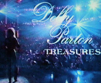 Promotional stage backdrop reading 'Dolly Parton Treasures' with a silhouette on a blue-lit concert stage.